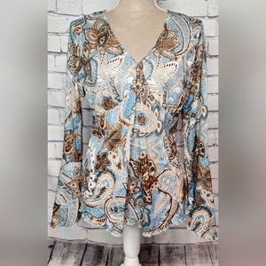 Route 66, blue, brown, tan 3/4 bell sleeve tunic, ladies XL